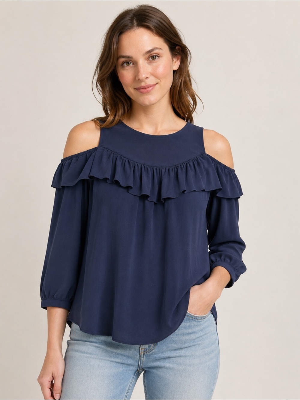 Maeve by Anthropologie "Marva" Ruffled Cold-Shoulder Blouse Size 4 Navy Peasant